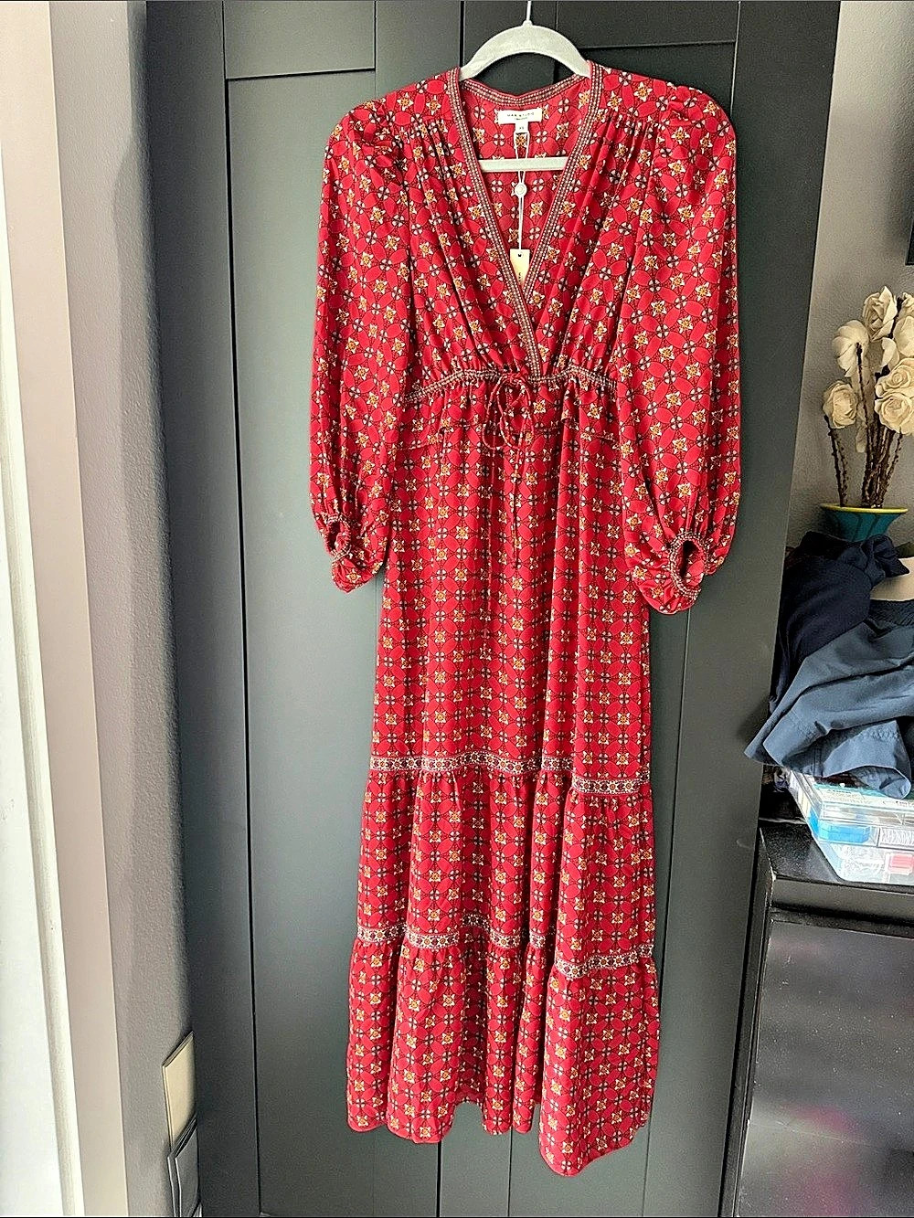 MAX STUDIO Long Sleeve Geometric Print Tiered Maxi Dress Red & Blue XS